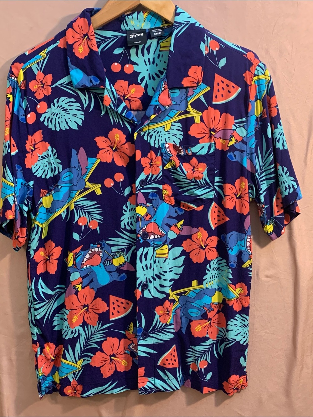 Men's Tropical Disney Stitch Shirt - Navy with Red & Teal Floral Size S